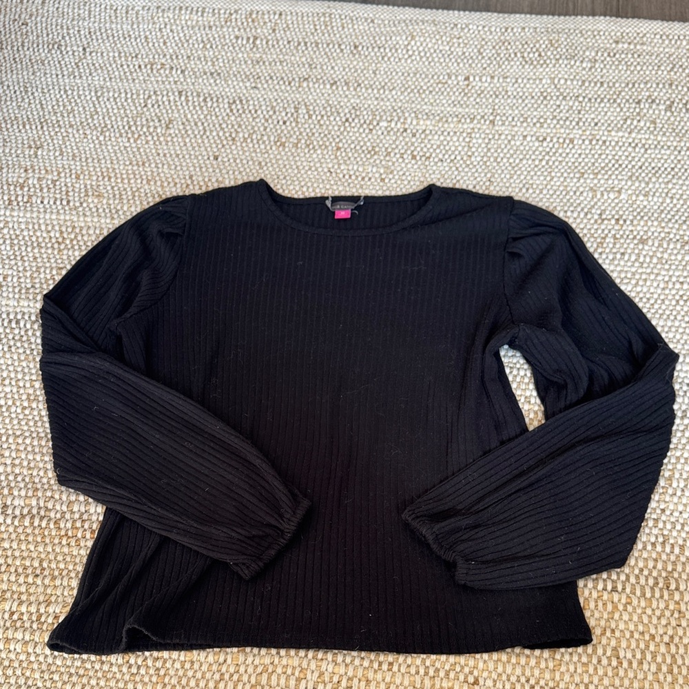 Vince Camuto Black Ribbed Puff-Sleeve Top